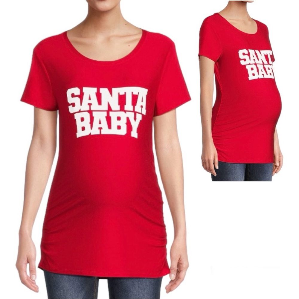 Time and Tru Women's Maternity Santa Baby Graphic Short Sleeves Tee Size M ~ Red